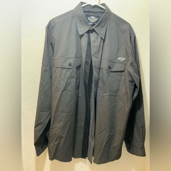 Harley Davidson Shirt XL Gray Striped Long Sleeve Shirt Button Down Authentic - Picture 1 of 9